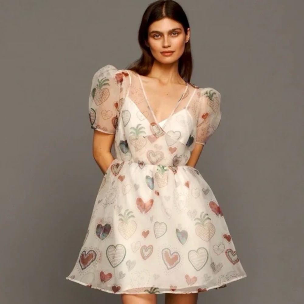 XL Farm Rio x Anthropologie-Sheer puff sleeve cream+red heart dress.Size XL